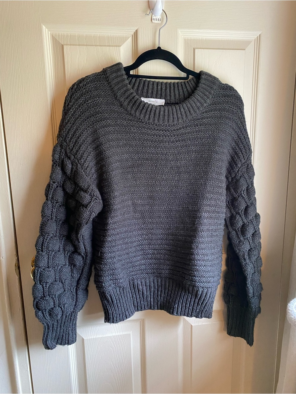 Elodie Charcoal Cable-Sleeve Crewneck Sweater